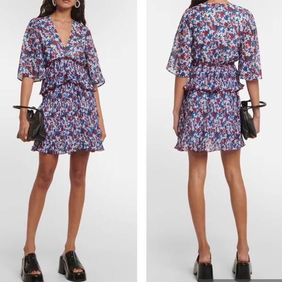 NWT Ganni Pleated Georgette Mini Dress Multi-Color Flounce V-Neck NEW sz 36 - Picture 3 of 16